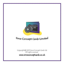 Load image into Gallery viewer, Back cover of card with Sime Concept Cards Logo, copyright and website address. www.simeconceptcards.co.uk
