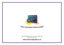 Load image into Gallery viewer, Back cover of card with Sime Concept Cards Logo, copyright and website address. www.simeconceptcards.co.uk 
